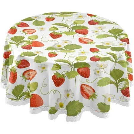 SKYSONIC 60" Strawberry Flowers Round Table Cloth Wild Berry Leaf Polyester Tablecloth Washable Tablecover for Party Dinner Home Decor