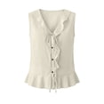 thumbnail image 5 of Dressy Tie Front Linen Tank Tops for Women Summer Ruffle Loose V Neck Sleeveless Going Out Tee Shirts, 5 of 7