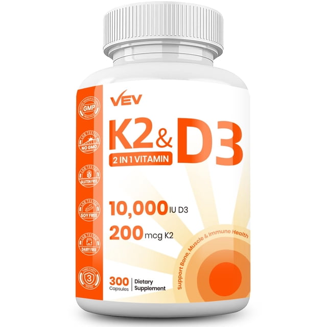 suplemento vev de vitamina d3 k2 10.000 ui d3 200 mcg k2 300 cápsulas Botella frontal blanca con etiqueta naranja y blanca que destaca K2 & D3, muestra 10,000 IU D3 y 200 mcg K2, 300 cápsulas, logo VEV, sellos visibles (GMP, sin gluten, sin soya), tapa de rosca blanca.