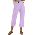 thumbnail image 2 of Linen Pants Women Elastic Waist Cropped Button Summer Lounge Pants Straight Leg Ankle Length Cotton Linen Slacks Purple XXL, 2 of 7
