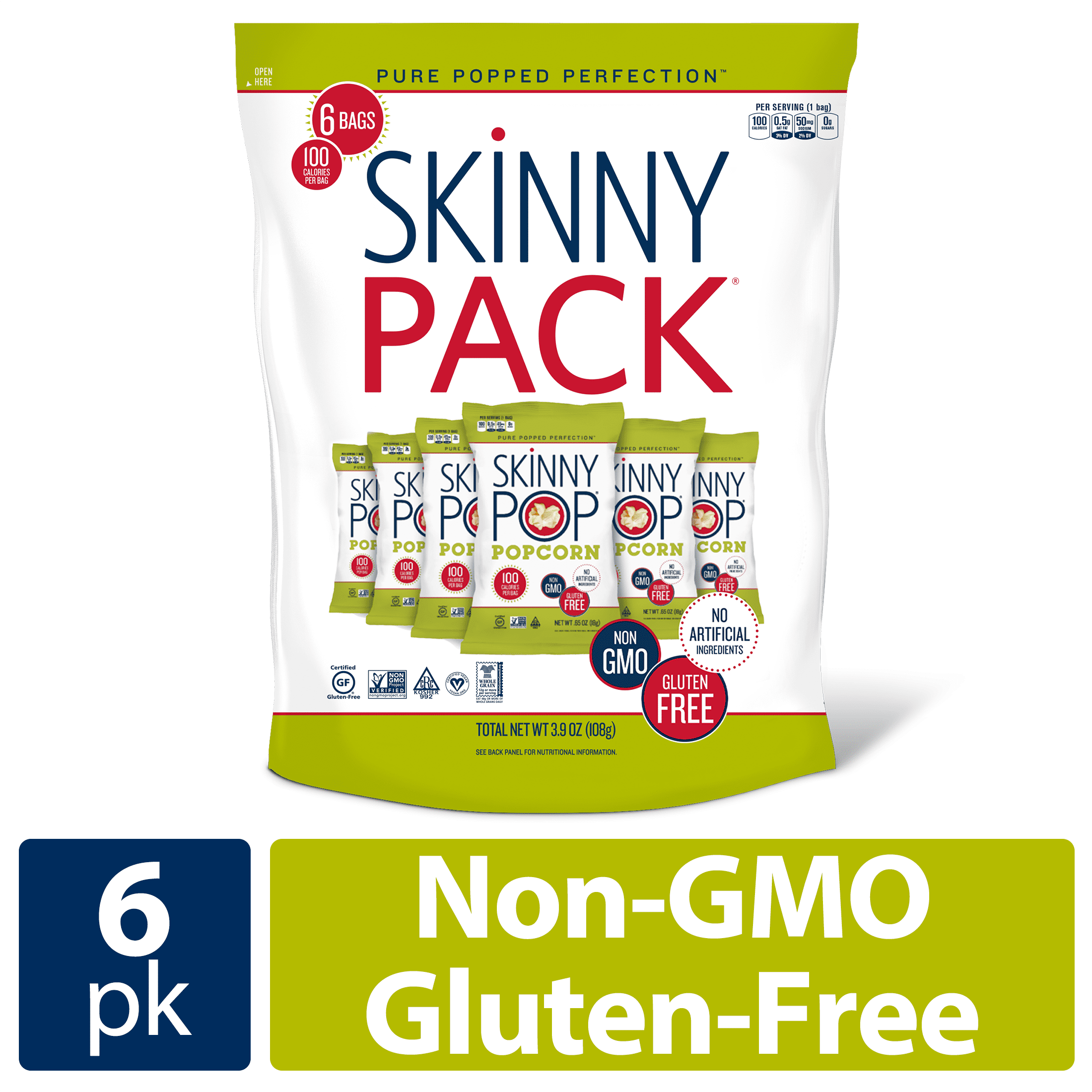 SkinnyPop Gluten-Free Original Popcorn Skinny Pack, 0.65 oz, 6 Count
