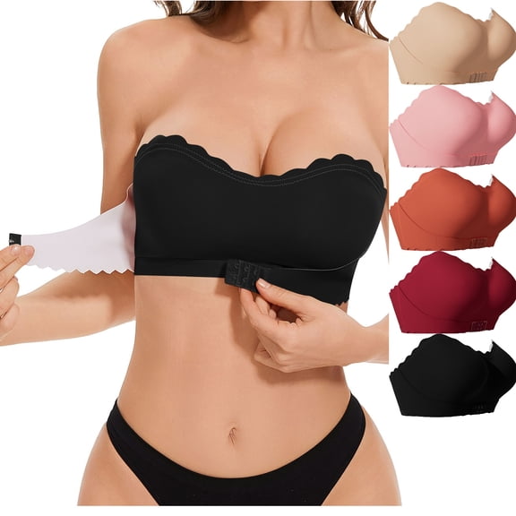 Strapless Bras for Women Push Up Bandeau Bra Wireless Seamless Bralettes Front Buckle Comfortable Tube Bra with Clear Strap