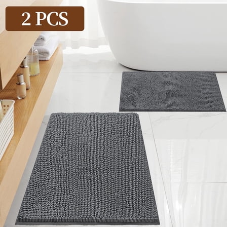 2 Pack Chenille Bath Rugs, Non-Slip Soft Absorbent Microfiber Bath Mats, Rubber Backing Quick Dry，Machine Washable Floor Mat, 24×16, Gray