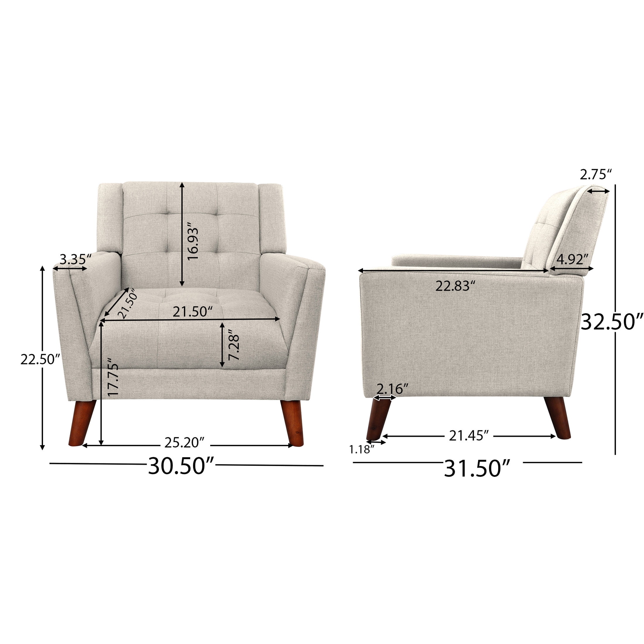 Christopher Knight Home Mid-Century Modern Armchair, Tufted Fabric Upholstery & Rubberwood Legs, Beige, Set of 2