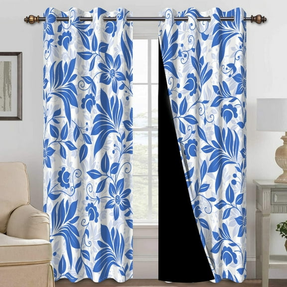 MIZHONA Blue Blackout Curtains for Living Room Rustic Floral Pattern Window Curtain Set of 2,52"x84"