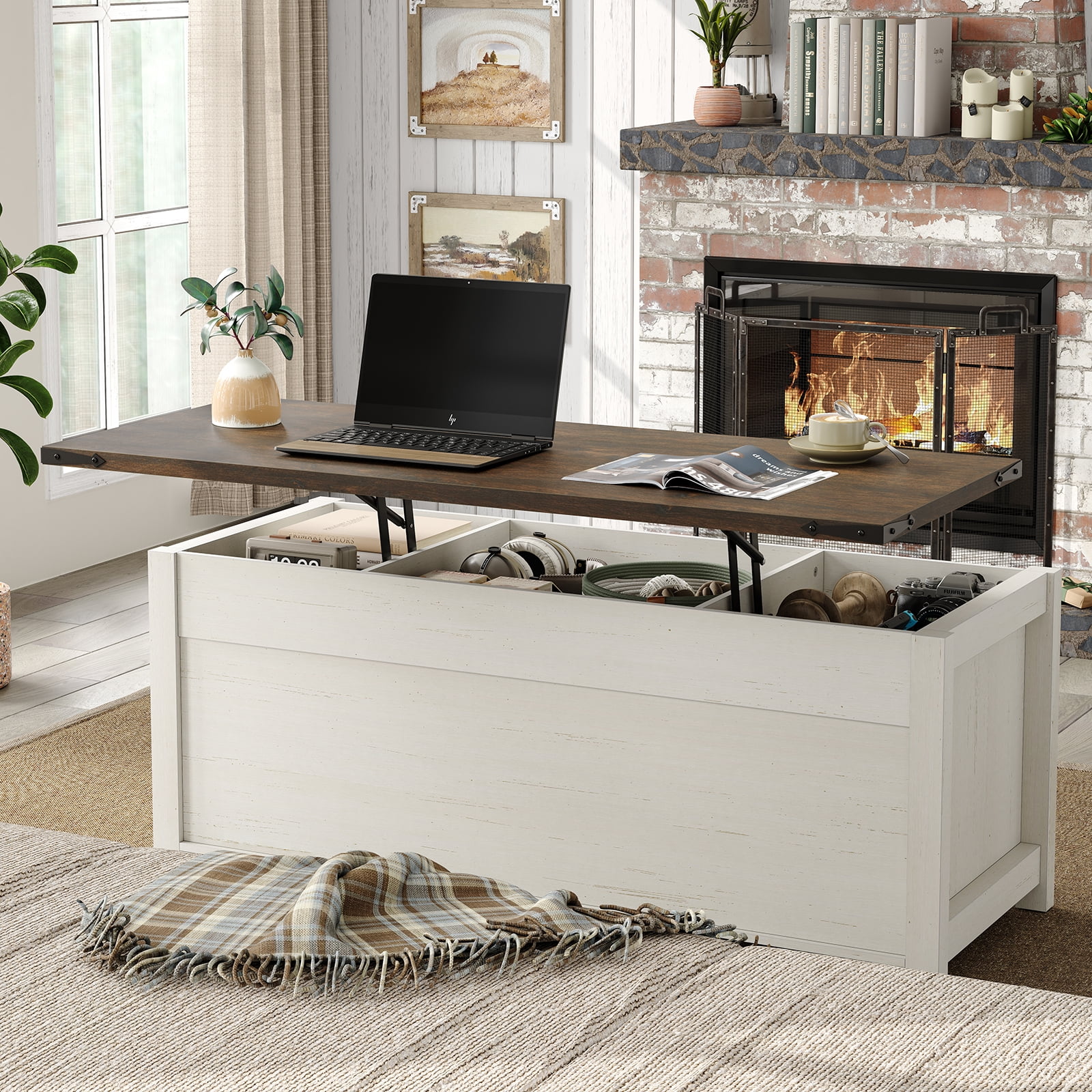 Furnihold 47.3''W Lift Top Coffee Table with Storage, Center Table with Sliding Barn Doors, Farmhouse Wood Rectangle Coffee Table for Living Room Home Office, Brown Top