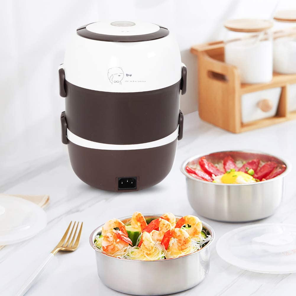 3Layers Portable Electric Lunch Box Steamer Food Warmer Brown 2L 100W US Stock 