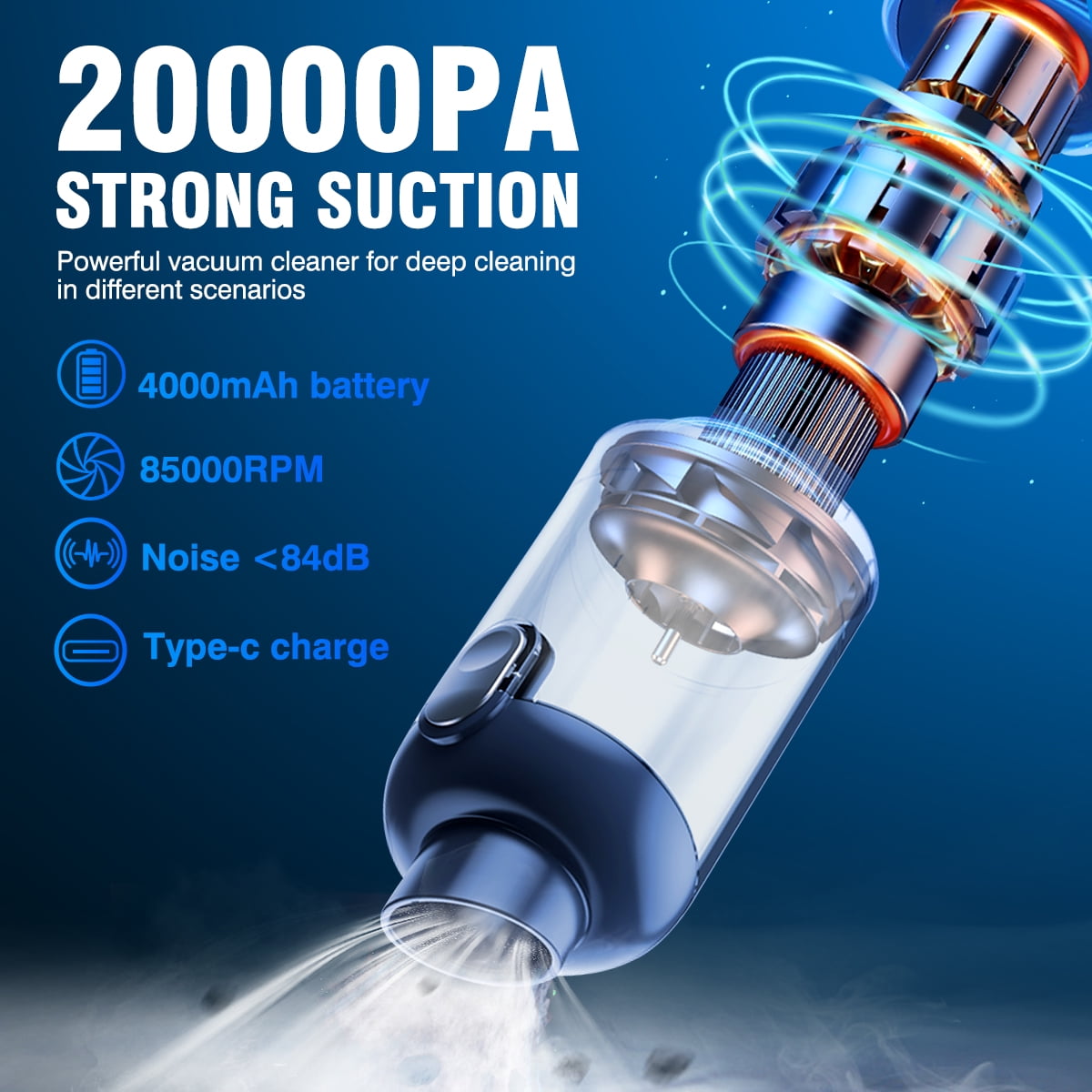 Car Vacuum Cleaner Cordless, 20000PA Wireless Portable Vacuum Cleaner with Strong Suction, Mini Car Vacuum, Home, Pet Hair