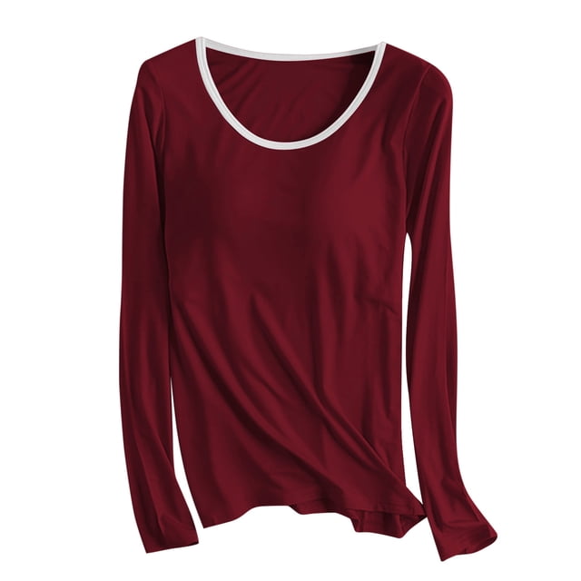 Hauts à Manches Longues Rembourrés pour Femmes avec Soutien-Gorge Intégré Pyjamas Camisole Chemises Tops de Yoga Décontractés Col Rond T-Shirt Blouses en Coton Vêtements de Nuit Vin TTG