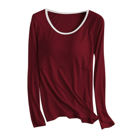 Padded Long Sleeve Tops for Women Built in Bra Pajamas Camisole Shirts Yoga Tops Casual Loose Round Neck Long Sleeve T-Shirt Blouses Cotton Sleepwear Wine M