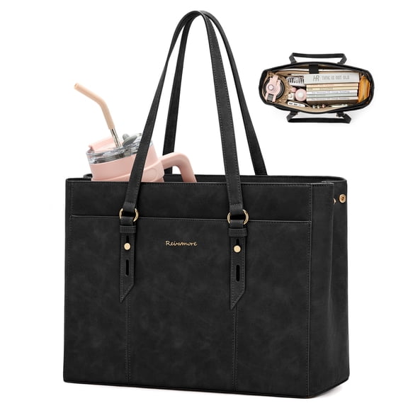 RAINSMORE 15.6 inch Laptop Bag for Women with Cup Pocket, PU Leather Tote Work Briefcase Computer Shoulder Bag Travel,Black