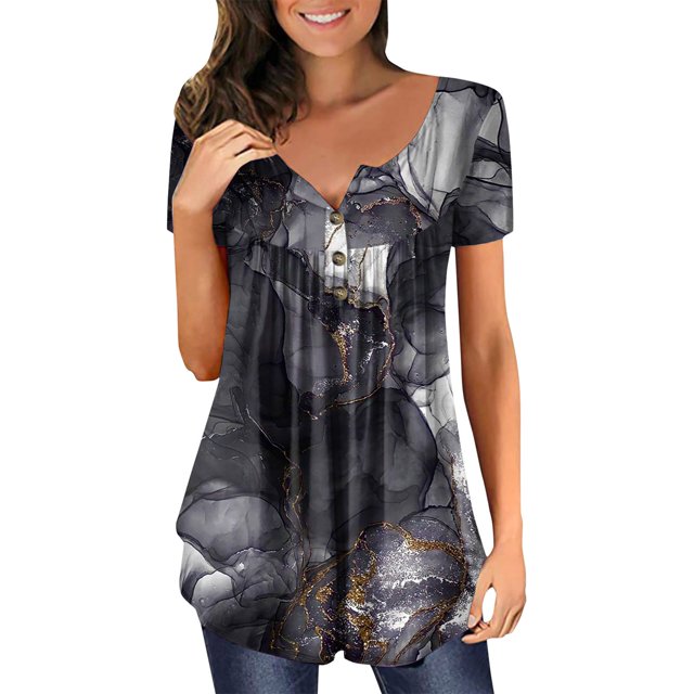 Gibobby Camisetas Mujer Manga Corta Estilo mujer Top Oculto Ombligo Botón Versión larga Top Verano Camiseta manga corta Camisa que fluye Camisa vestir (Gris,G)