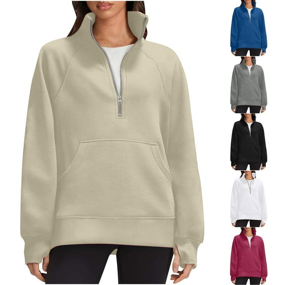 VEKDONE Womens Zip Up Sweatshirts Oversized Loose Fit Pullover Sweatshirt Fall Long Sleeve Thin Fleece Sweaters with Thumb Hole Y2k Sweatshirts with Kangaroo Pockets