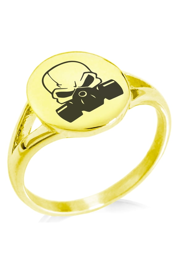 Stainless Steel Biohazard Death Skull Minimalist Oval Top Polished Statement Signet Ring
