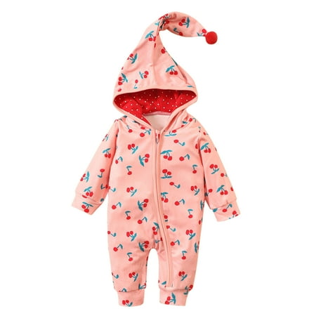 

Honeeladyy Newborn Infant Baby Girls Boys Zipper Fruit Print Hooded Romper Jumpsuit Set Pink