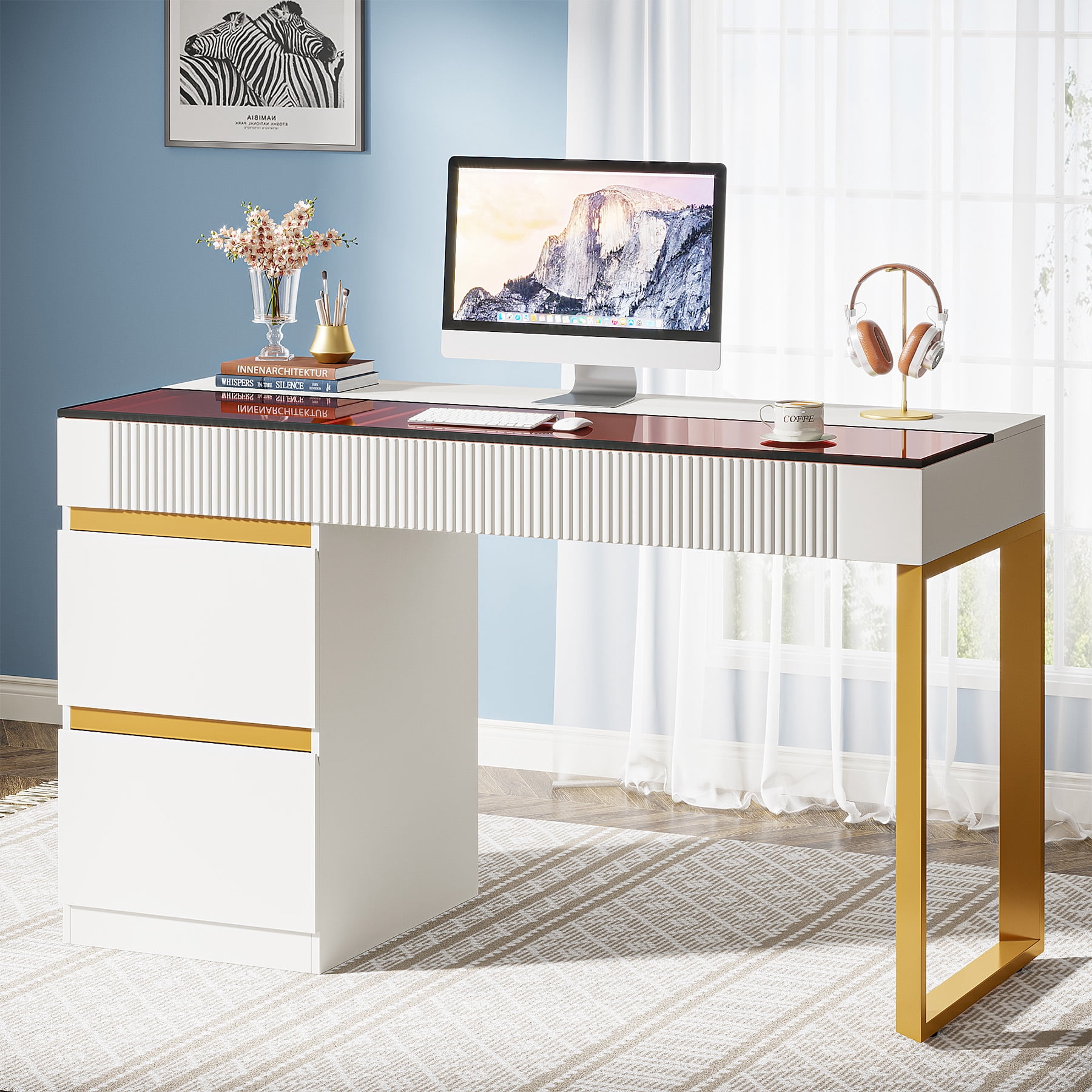 Tribesigns Modern Writing Desk Computer Desk with 4 Drawers, Makeup Vanity Desk with Visual Glass Top for Home Office