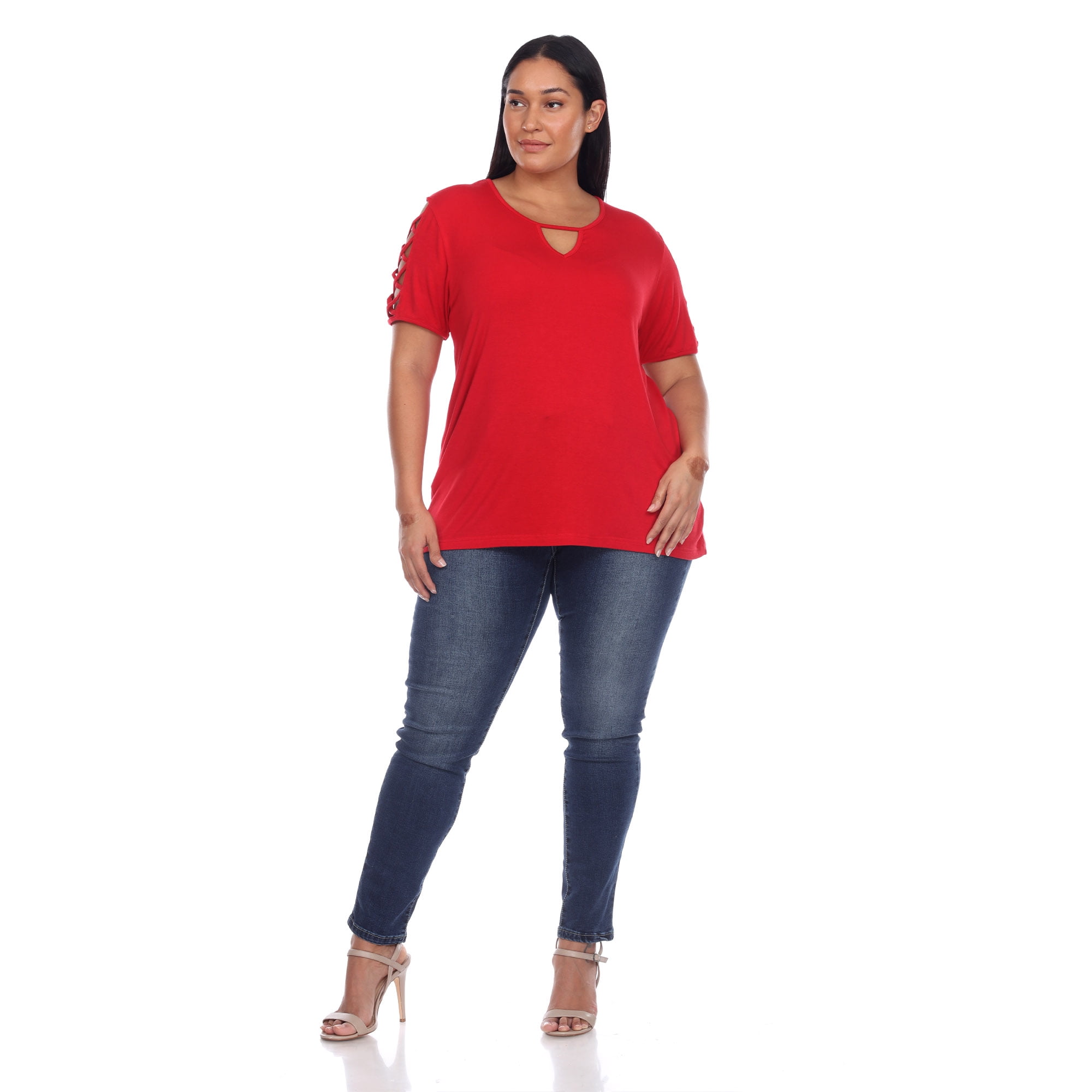 White Mark Women's Plus Size Keyhole Neck Short Crisscross Sleeve Shirt Top