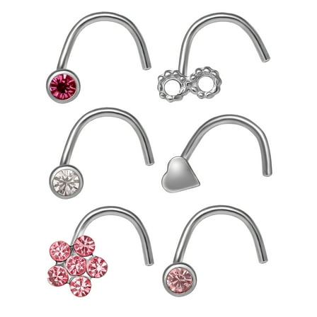 Adult Women's Body Jewelry 22G Multi Shape Stainless Steel & Crystal Nose Ring, 6 Pack