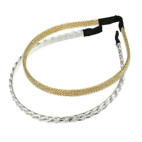 2 Pcs Twisted Link Chain Shape Metal Mesh Headbands for Women Girl Gold Tone Silver Tone 4.92"x0.39"