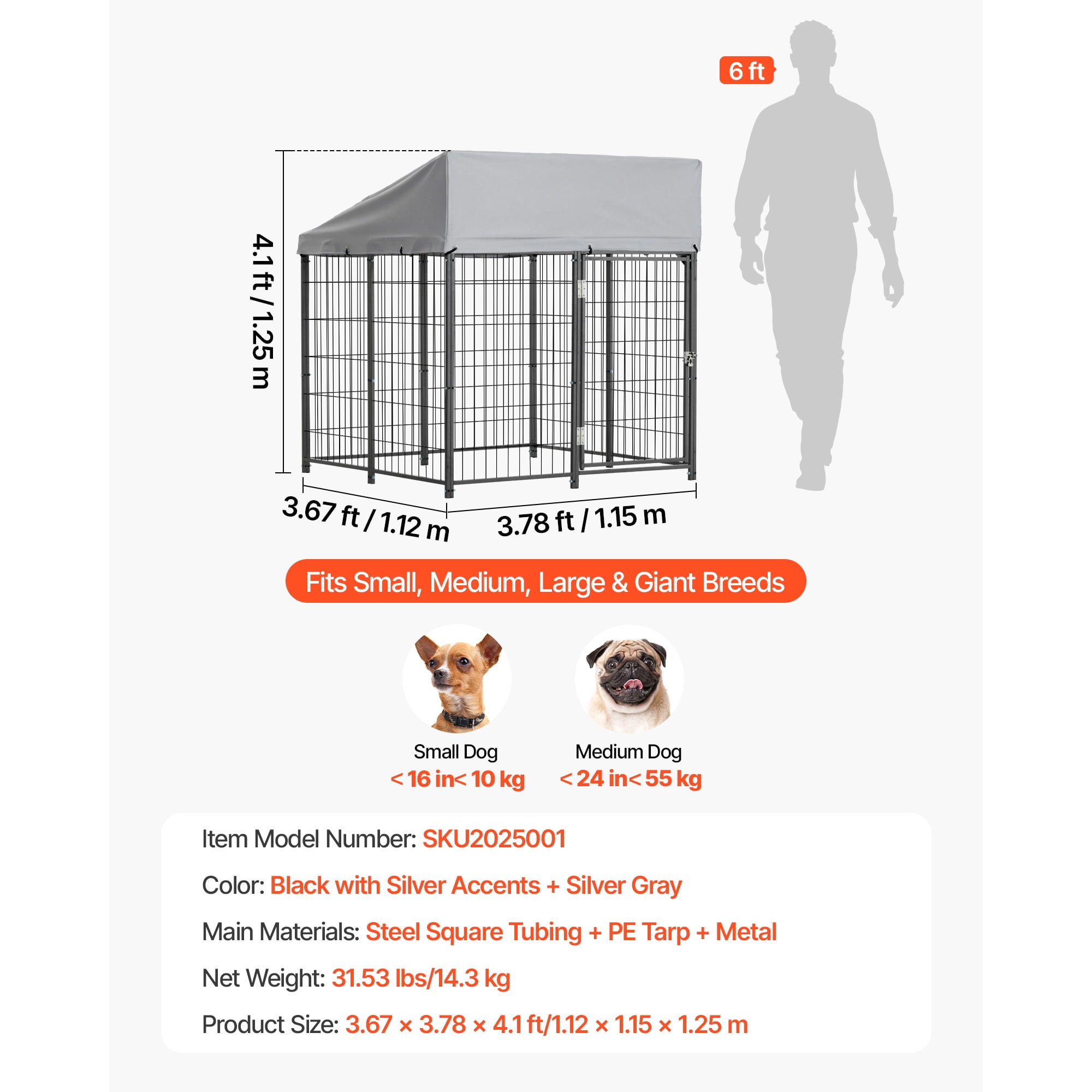 KFFKFF Outdoor Dog Kennel, 3.67 x 3.78 x 4.1 ft Spacious Pet Enclosure with Secure Lock, Weatherproof Roof Cover for UV Protection, Durable Cage Run for Medium to Large Dogs