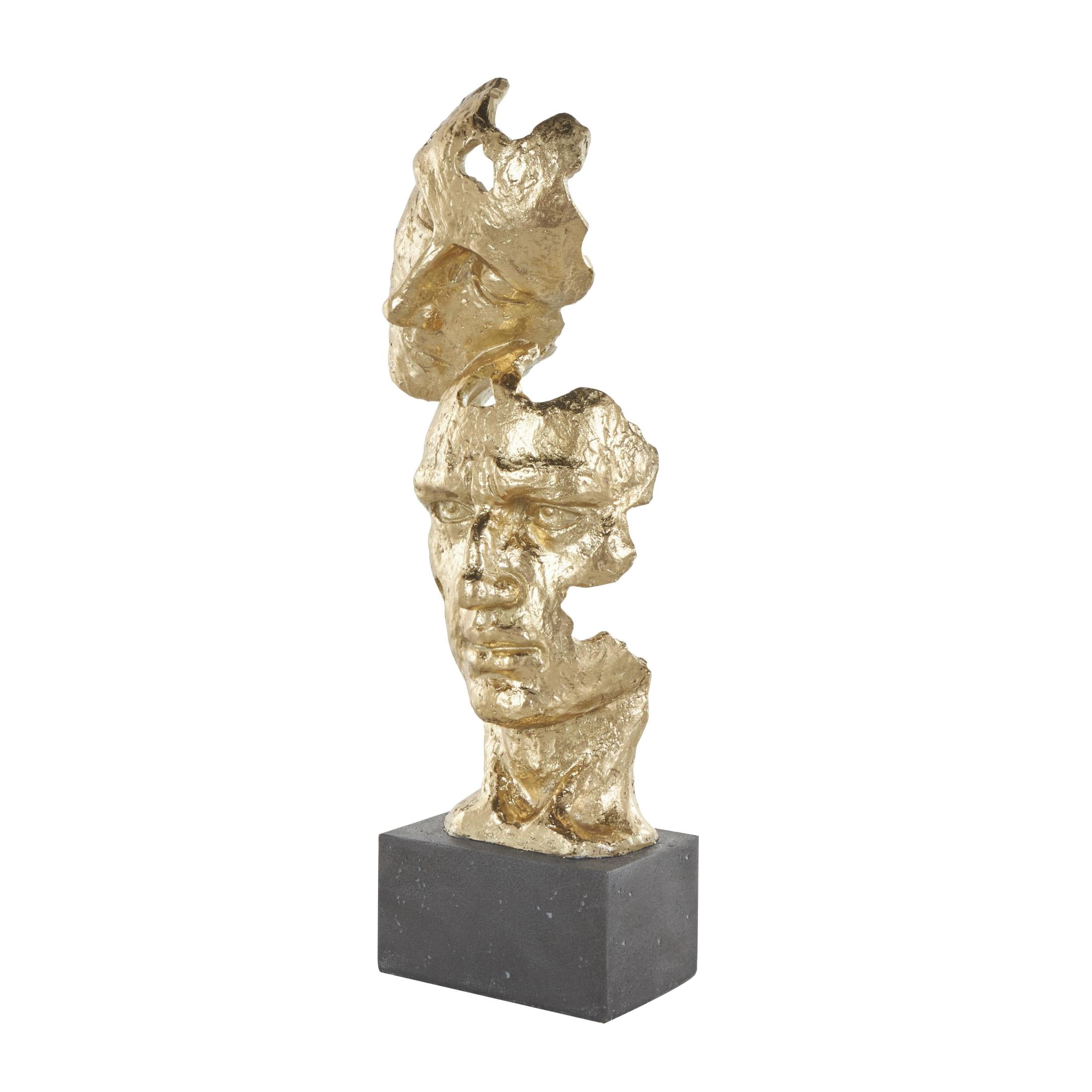 8" x 21" Gold Polystone Stacked Face Cutout Mask Sculpture with Black Block Base, by DecMode