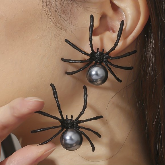 1 Pair Simple Goth Style Stud Earrings, Vintage Black Spider With Faux Pearl Decor, Halloween Costume Jewelry Accessory