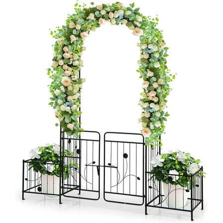 THJTDH Garden Arbor, 87" Metal Archway Pergola with Lockable Gate & 2 Side Planters for Climbing Plants, Roses, Vines, Heavy-Duty Outdoor Garden Arch Trellis for Wedding Party Ceremony Decoration