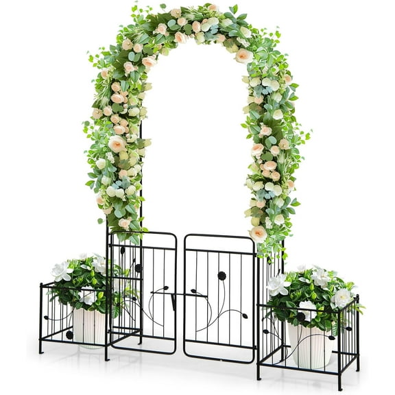 THJTDH Garden Arbor, 87" Metal Archway Pergola with Lockable Gate & 2 Side Planters for Climbing Plants, Roses, Vines, Heavy-Duty Outdoor Garden Arch Trellis for Wedding Party Ceremony Decoration