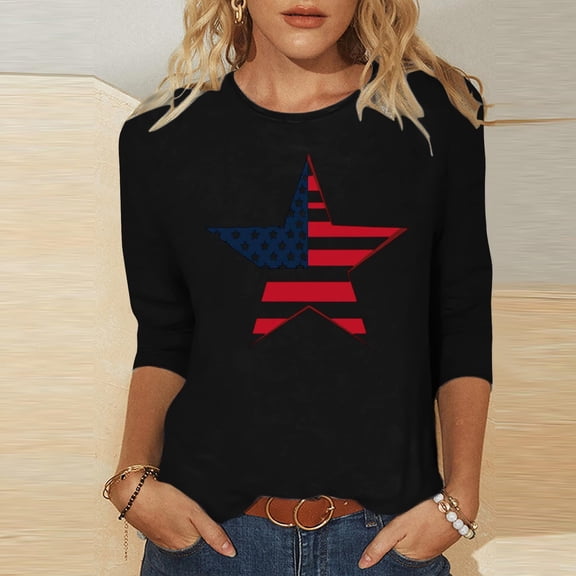 Lorytime Forth of July Outfits Women Red White and Blue Tops Patriotic Graphic Clothes 3/4 Sleeve Festival Wear Black S