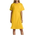 thumbnail image 2 of Fartey Casual Short Sleeve T Shirts Dress for Women Solid Color Crew Neck Mini Dresses Soft Comfy Side Knot Midi Dress Loose Fit Daily Dresses Yellow XL, 2 of 9