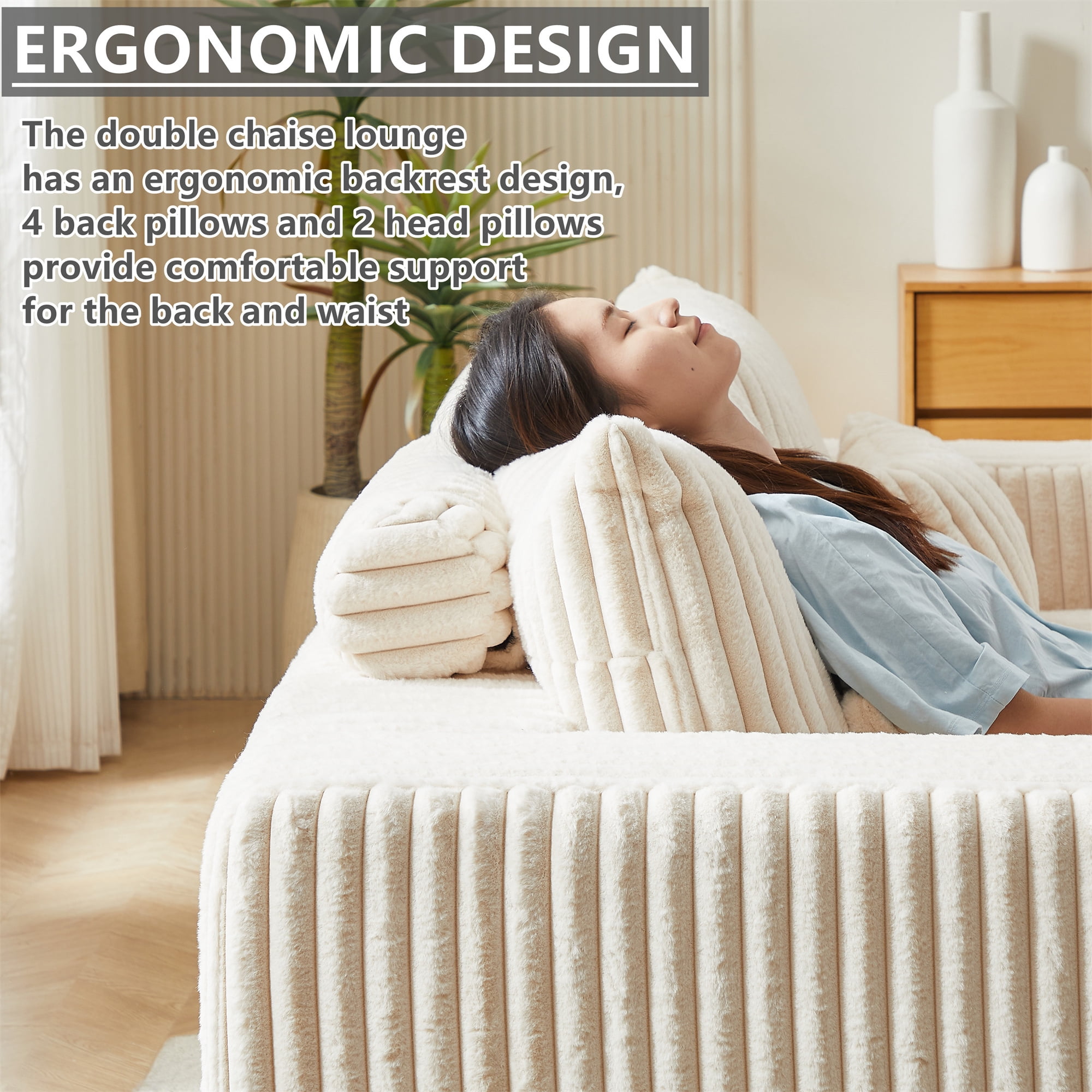Aukfa 87" Oversized Double Chaise Lounge Indoor Chair Boneless Couch for Living Room, 4 Pillows, Beige