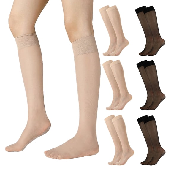 Bocaoying 6 Pairs Women's Knee High Stockings, Cotton-Soled One Size Sheer Nylon Socks with Reinforced Toe, Wear-resistant Sheer Stockings for Everyday Wear