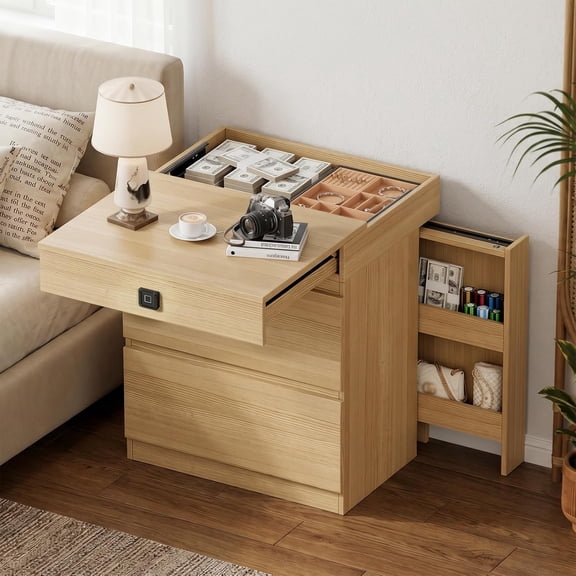 PAKASEPT Fingerprint Lock Nightstand with Side Storage, Smart LED Bedside Table with Lockable Hidden Compartment, 3 Drawer Wood End Table for Bedroom