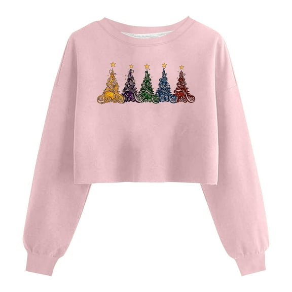 HOMBOM Pink Sweatshirts for Women Crop Christmas Merry Holiday Pullover Tree Xmas Ladies Sweatshirt Crewneck