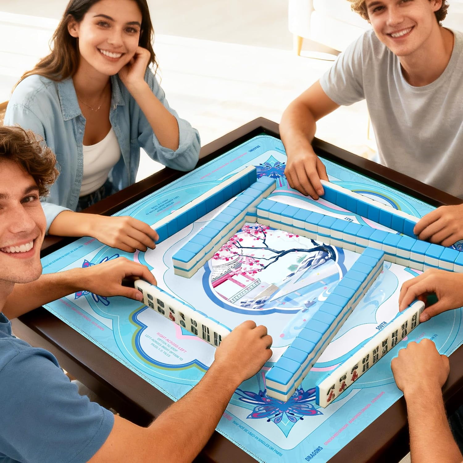 Mahjong Mat (32"x32") - Non-Slip, Quiet, Waterproof & Foldable Game Mat for American Mahjong(Blossom Stream)