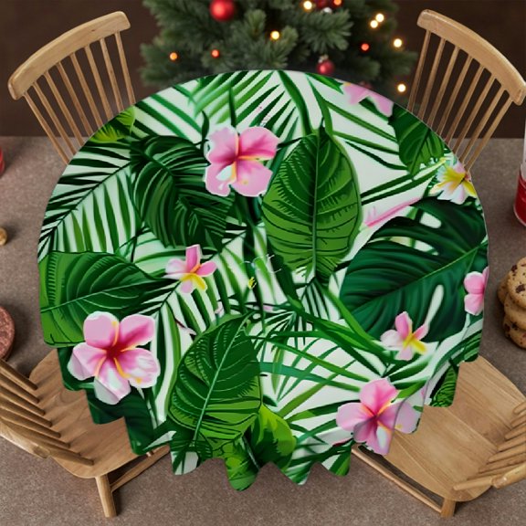 RKSupls Stain Resistant & Washable Decor - Leaves Flowers Pink Tropical Print, Machine-Made Kitchen Accessories Round Tablecloth, Wedding, Party, Home Dining