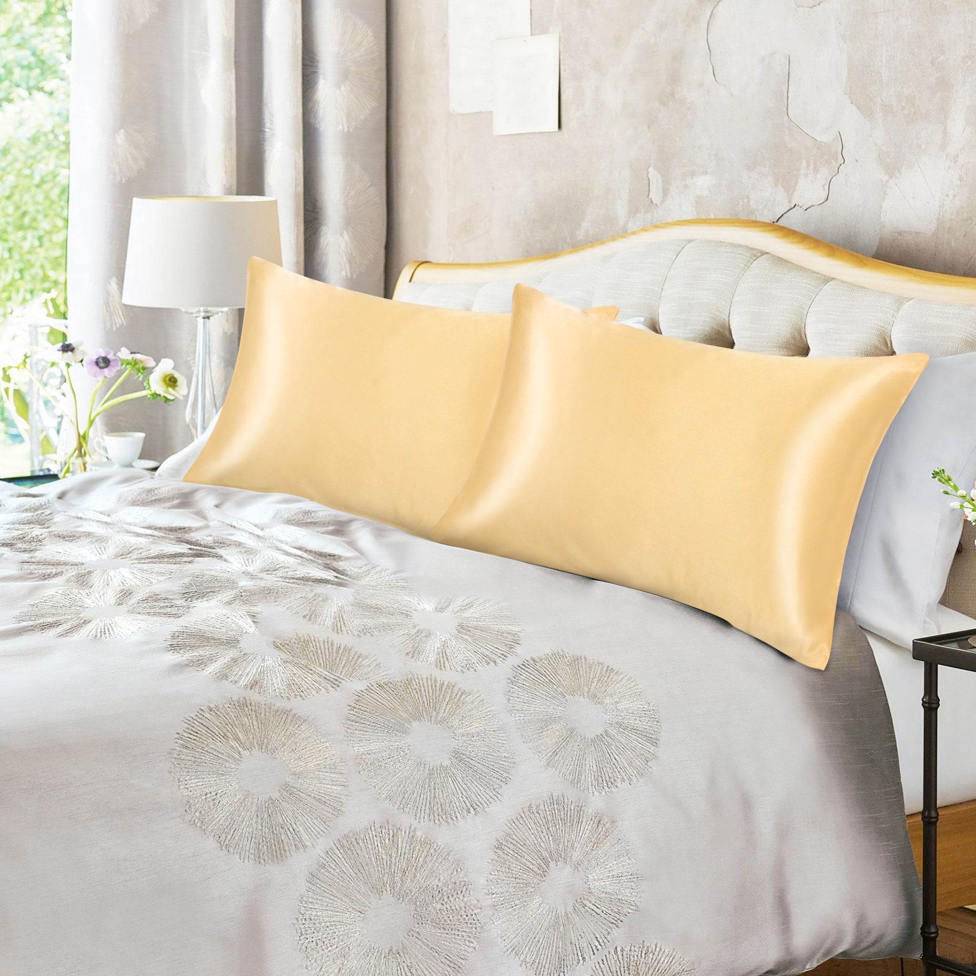 Unique Bargains Satin Envelope Closure Pillowcases Set of 2 Gold 20"x26"