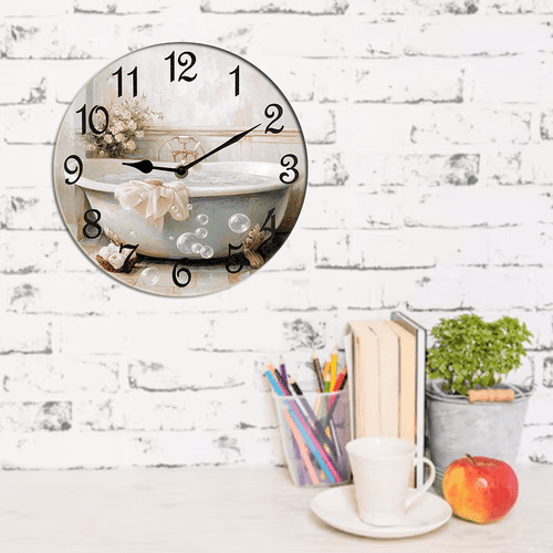 Kurmntregon Bathroom Wall Clock Bathtub Silent Non-Ticking Desk Clock Decorative For Living Room Home Office School Kitchen Wall Decoration Shop Hotel Round 10"
