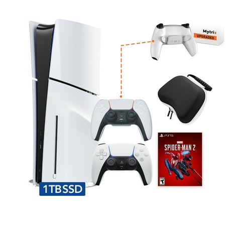 PlayStation 5 Slim Disc Edition 1TB SSD Marvel's Spider-Man 2 Bundle, an Additional Mytrix Upgraded PS5 Controller with Remappable Back Paddles and Turbo Function, Controller Case - PS5 Console