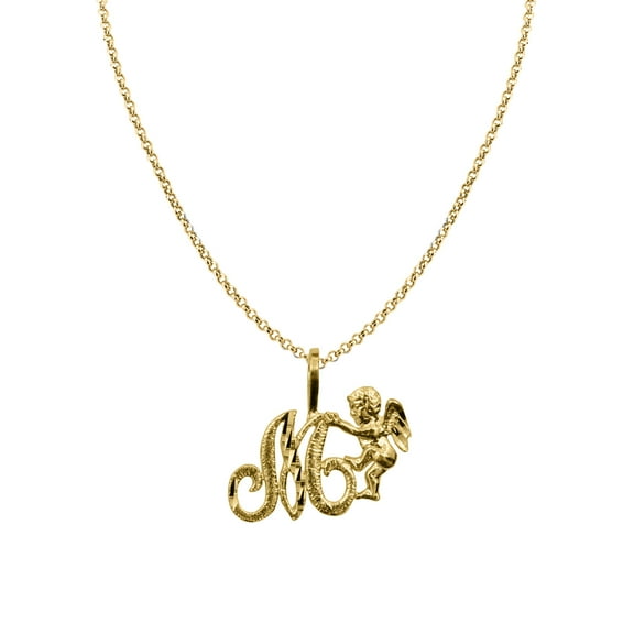 Genuine 14k Yellow Gold 0.59" Cherub Script Initial Letter M Necklace 16", 18", 20", 22" Trendy Charm Initial Necklaces for Women