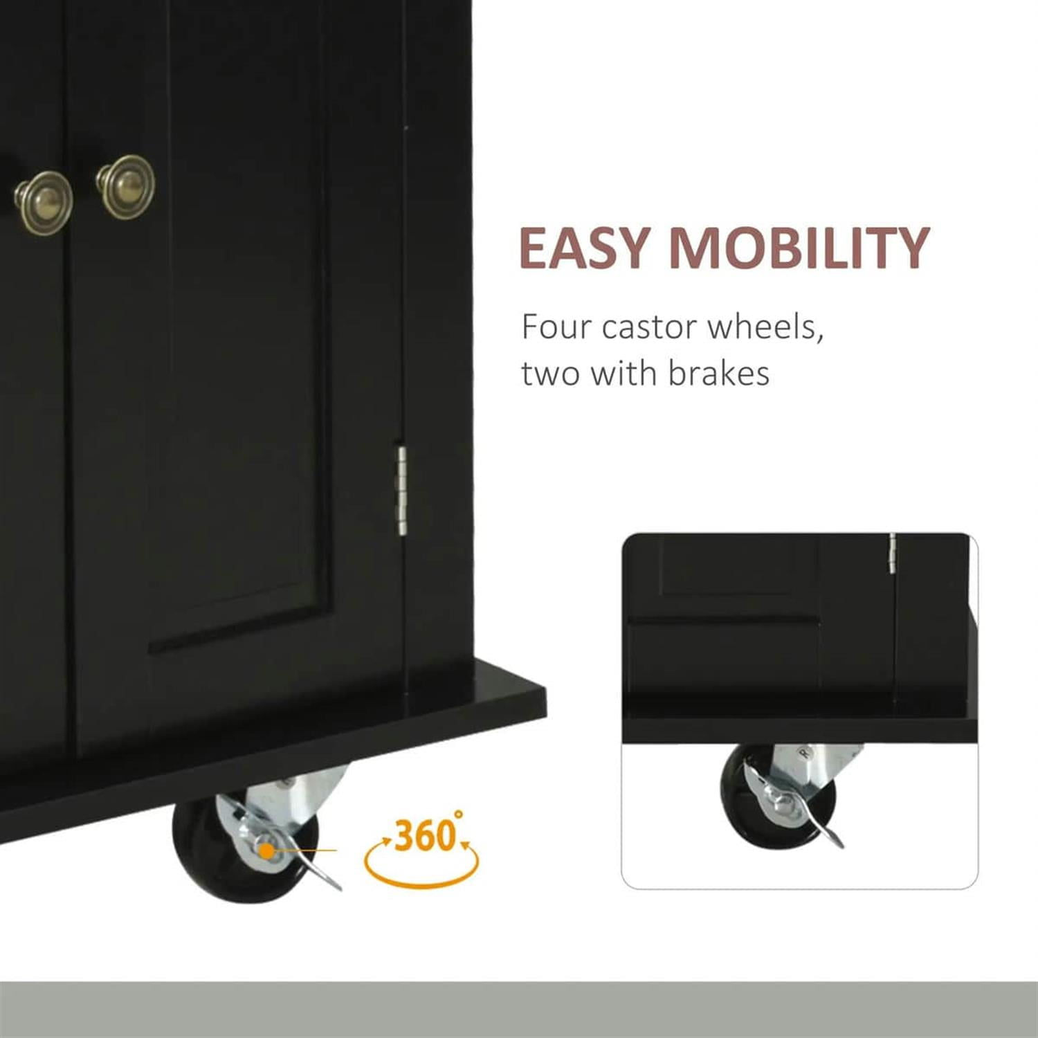 Demi Bonn 43" Modern Rolling Kitchen Cart with Spice Rack, Mobile Island for Kitchen, Easy Storage, Space-Saving Design, Black