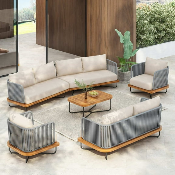 Christopher Knight Home 6-Piece Outdoor Sofa Set with Wood Table, Gray Rope Woven Chairs, 8-seat Metal Sectional, Beige