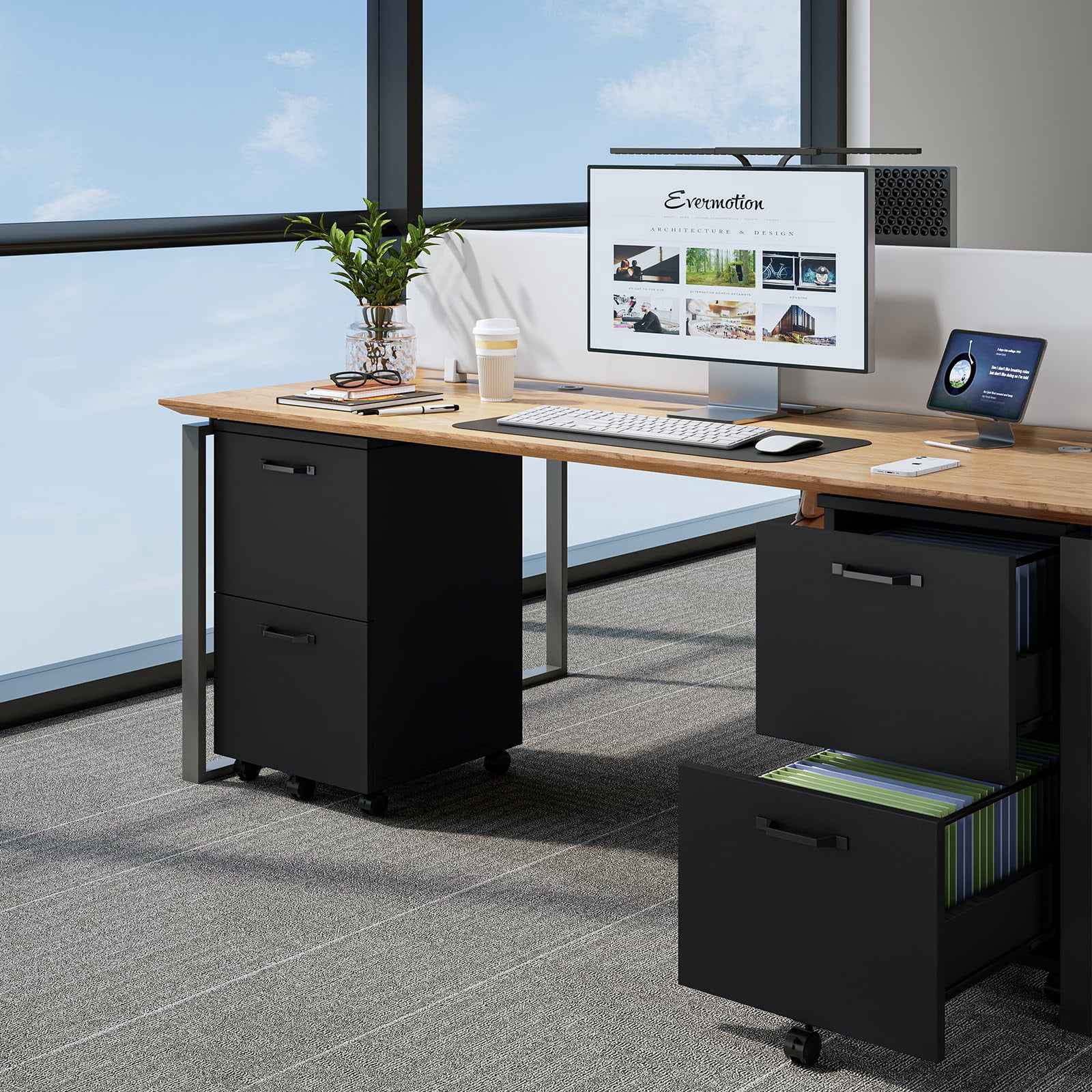 2 Drawer Rolling Filing Cabinet White Wood with Lockable Wheels Printer Stand Under Desk Storage Home Office Organizer