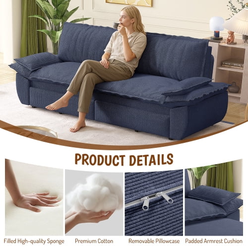73.2" Queen Pull Out Sofa Bed, 3-in-1 Convertible Sleeper Sofa, Multi-Functional Corduroy Loveseat Couch with Pull-Out Bed, Blue