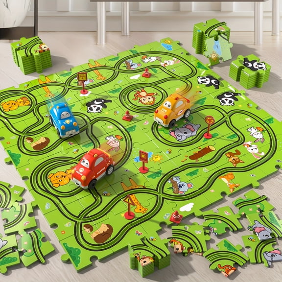iHaHa 73 Jigsaw Puzzle Race Car Set Toys for Kids Ages 3-6 Years Old Boys, Puzzle Tracks Car Toys Gifts for Boys Kids