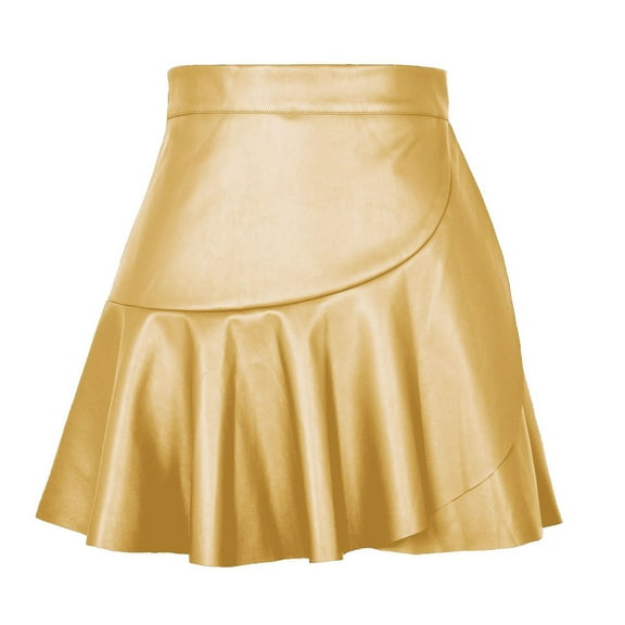 Riforla Women's High Waist Ruffled Irregular Leather Skirt Skirt Europe and The United States Fashion Sexy PU Skirt Womens Skirts Gold M