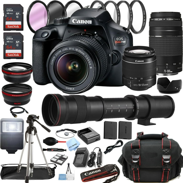 Canon EOS Rebel T100 / 4000D DSLR Camera with 18-55mm + 75-300mm +  420-800mm Super Telephoto Lens + Optics Filter Set, Camera Bag + Sandisk  Ultra