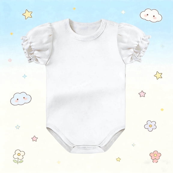 White Kids Girl Ruffle Sleeve Onesie, Soft Breathable Fabric Short Sleeve Bodysuit Romper with Snap Crotch, Size 12-18 Months