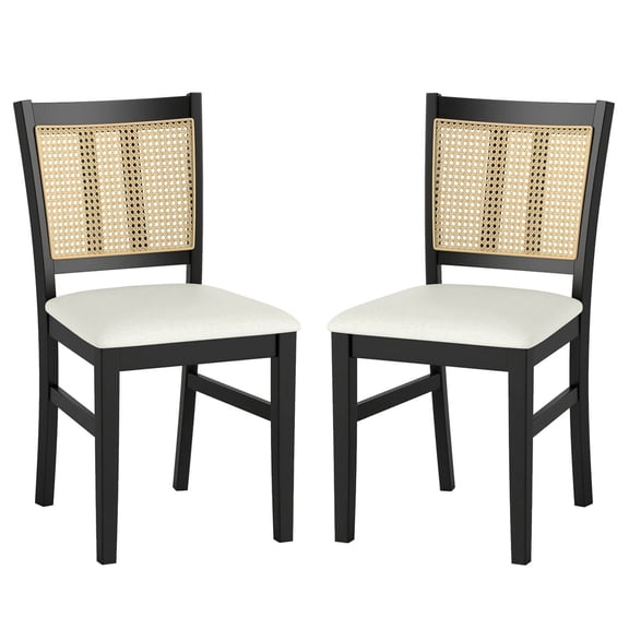 KDTHTF Set of 2 Farmhouse Dining Chairs, Upholstered Kitchen Chairs with PVC Rattan Back, Beige Fabric Seat & Black Wood Frame - 400lbs Capacity, Modern Rustic for Dining Room, Kitchen