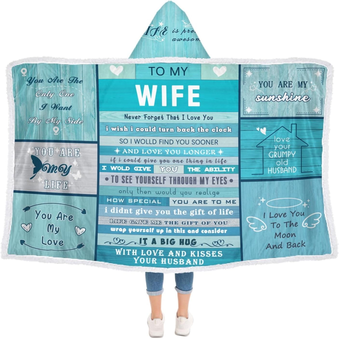 Birthday Gifts for Wife, to My Wife Doubleside Wearable Blanket Hoodie Christmas Anniversary Wedding Gifts, Wife Birthday Gift Ideas Valentine Romantic Gifts for Her, Wife Gifts from Husband 47x72in